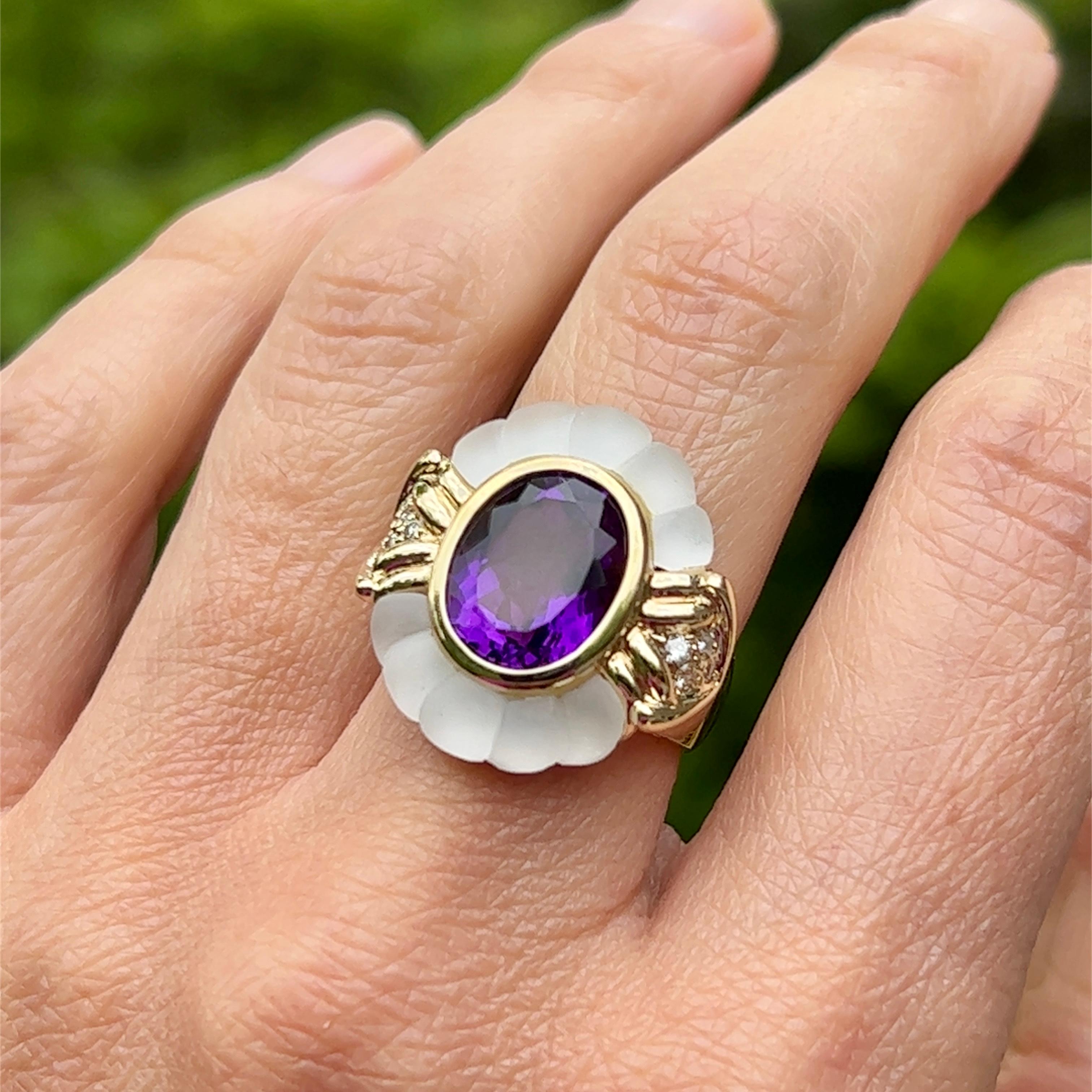 Oval Amethyst, Diamond & Glass Crystal Ring in 14K Yellow gold  For Sale 1