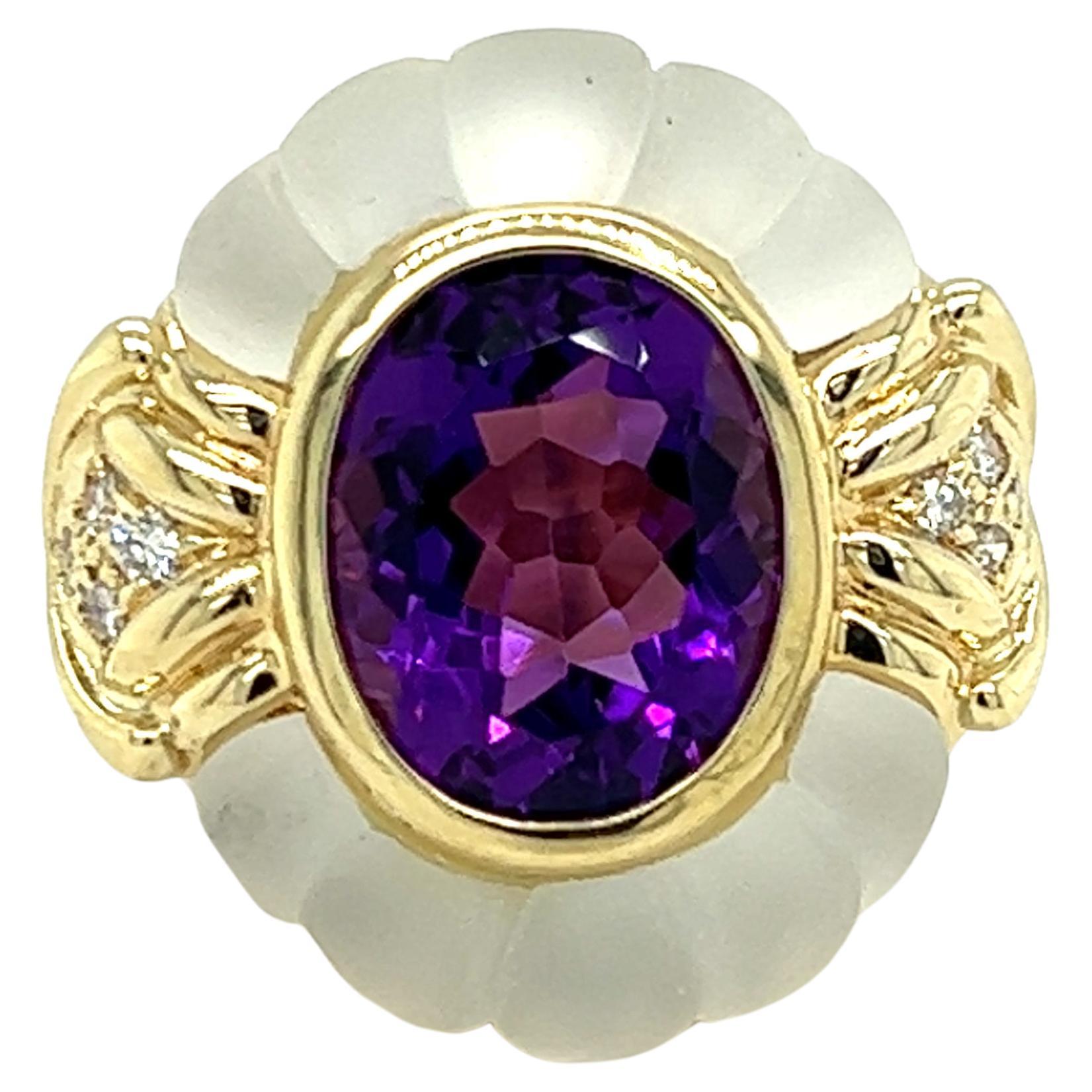 Oval Amethyst, Diamond & Glass Crystal Ring in 14K Yellow gold  For Sale