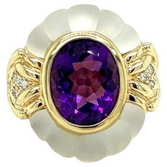 Vintage Oval Amethyst, Diamond & Glass Crystal Ring in 14K Yellow gold 