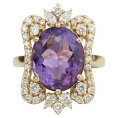 Oval Amethyst Diamond Halo Gemstone Ring in 14k Solid Gold (Certified)