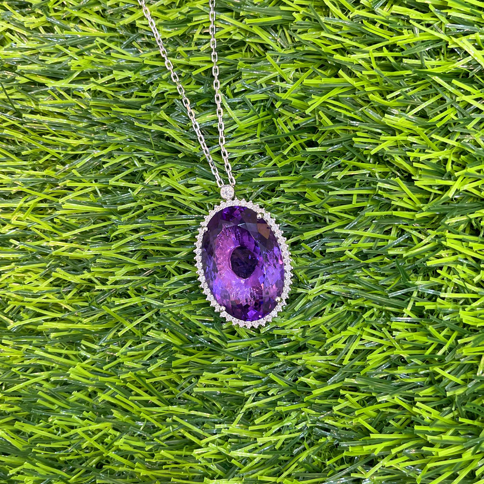 Contemporary Oval Amethyst Pendant 36.5 Carats with Diamonds 18K Gold