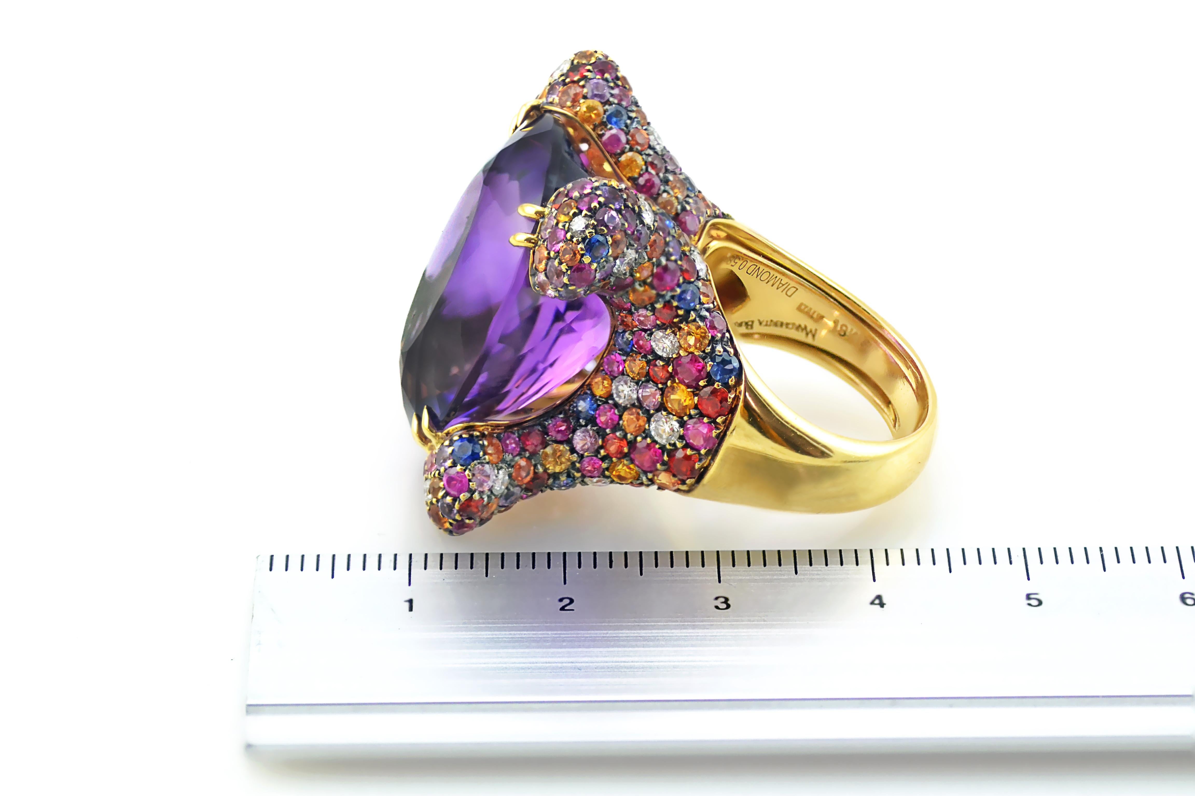 Oval Cut Oval Amethyst Sapphires Diamonds 18KT Yellow Gold Made in Italy Cocktail Ring