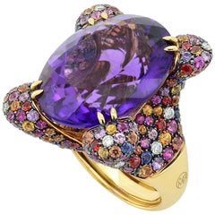 Oval Amethyst Sapphires Diamonds 18KT Yellow Gold Made in Italy Cocktail Ring