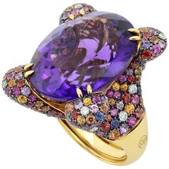 Oval Amethyst Sapphires Diamonds 18KT Yellow Gold Made in Italy Cocktail Ring