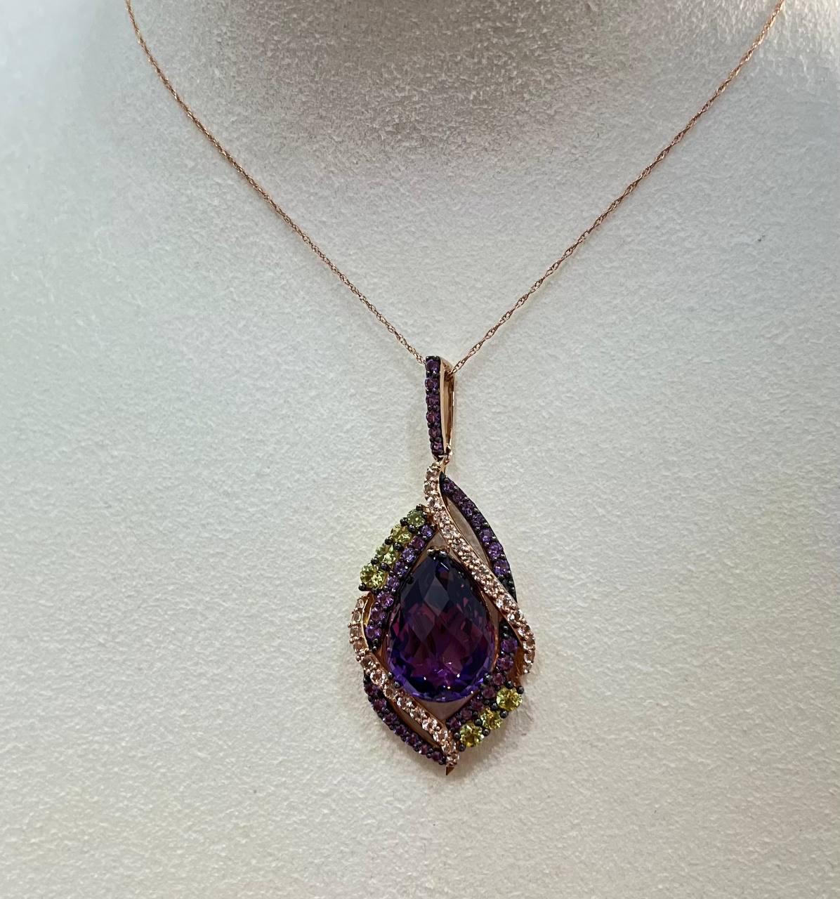 Oval Amethyst Stone Purple Green and White Stone Halo Ring Pendant Necklace Set For Sale 13