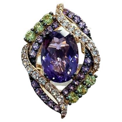 Oval Amethyst Stone Purple Green and White Stone Halo Ring Pendant Necklace Set For Sale