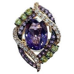 Oval Amethyst Stone Purple Green and White Stone Halo Ring Pendant Necklace Set