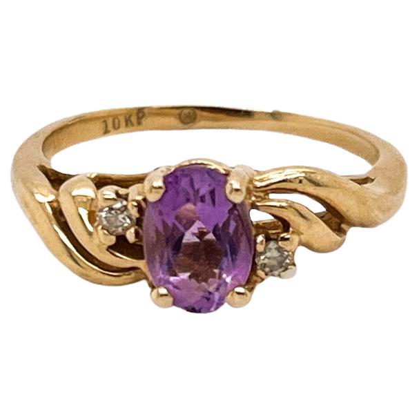 Oval Amethyst Swirl Birthstone Ring 1.00 Carat with Diamonds 10k Yellow Gold LV For Sale
