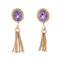 Oval Amethyst Tassel Earrings 14 Karat Gold Fringe Drops Estate Fine Jewelry