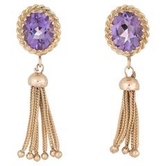 Oval Amethyst Tassel Earrings 14k Yellow Gold Fringe Drops Estate Fine Jewelry