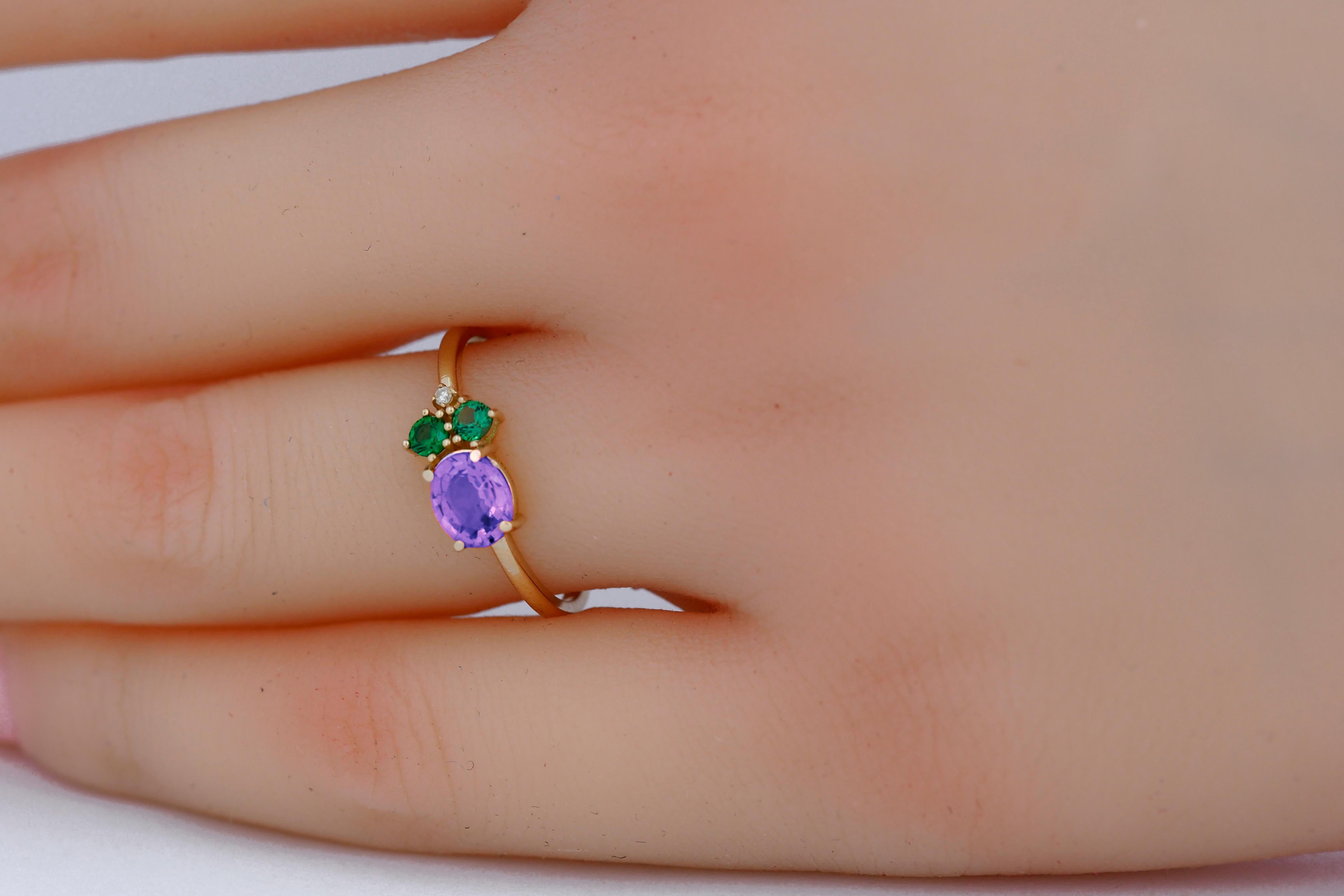 Oval amethyst, tsavorite and diamonds 14k gold ring.
Amethyst gold ring. Amethyst cluster ring. Amethyst engagement ring.

Metal: 14k gold
Weight: 1.8 gr (depends from size)

Gemstones:
Set with amethyst color - purple
Oval cut, aprox 0.80