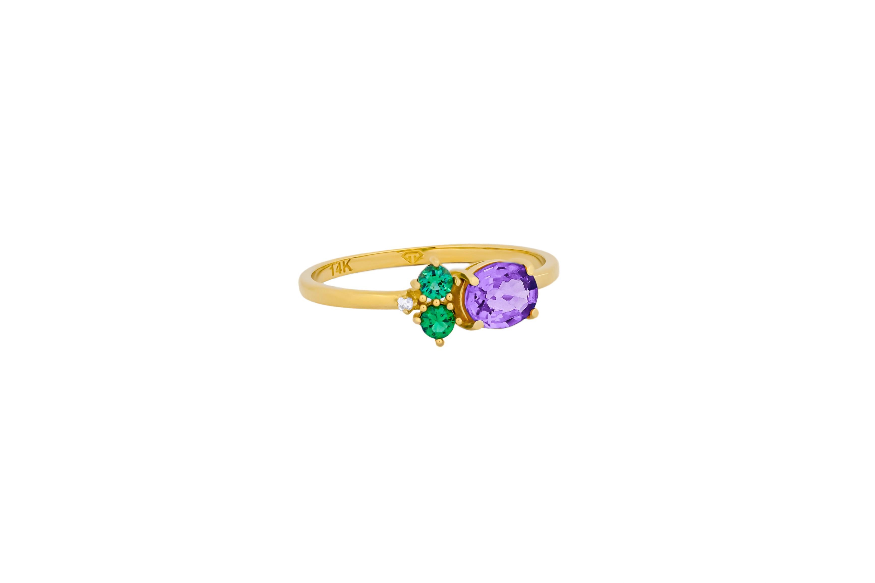 Oval Cut Oval amethyst, tsavorite and diamonds 14k gold ring. For Sale