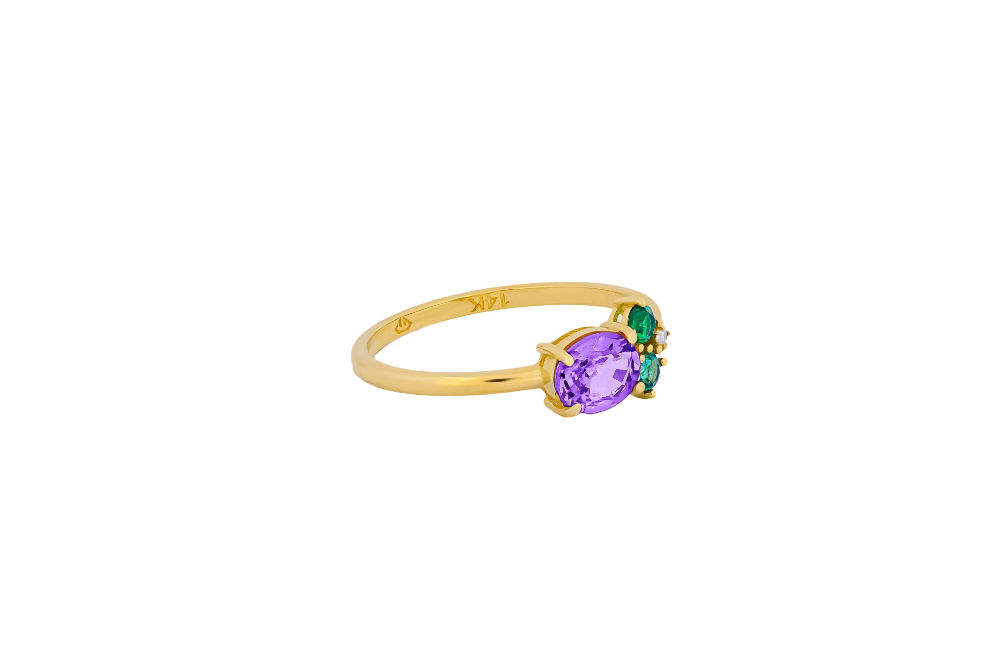 Oval amethyst, tsavorite and diamonds 14k gold ring. In New Condition For Sale In Istanbul, TR