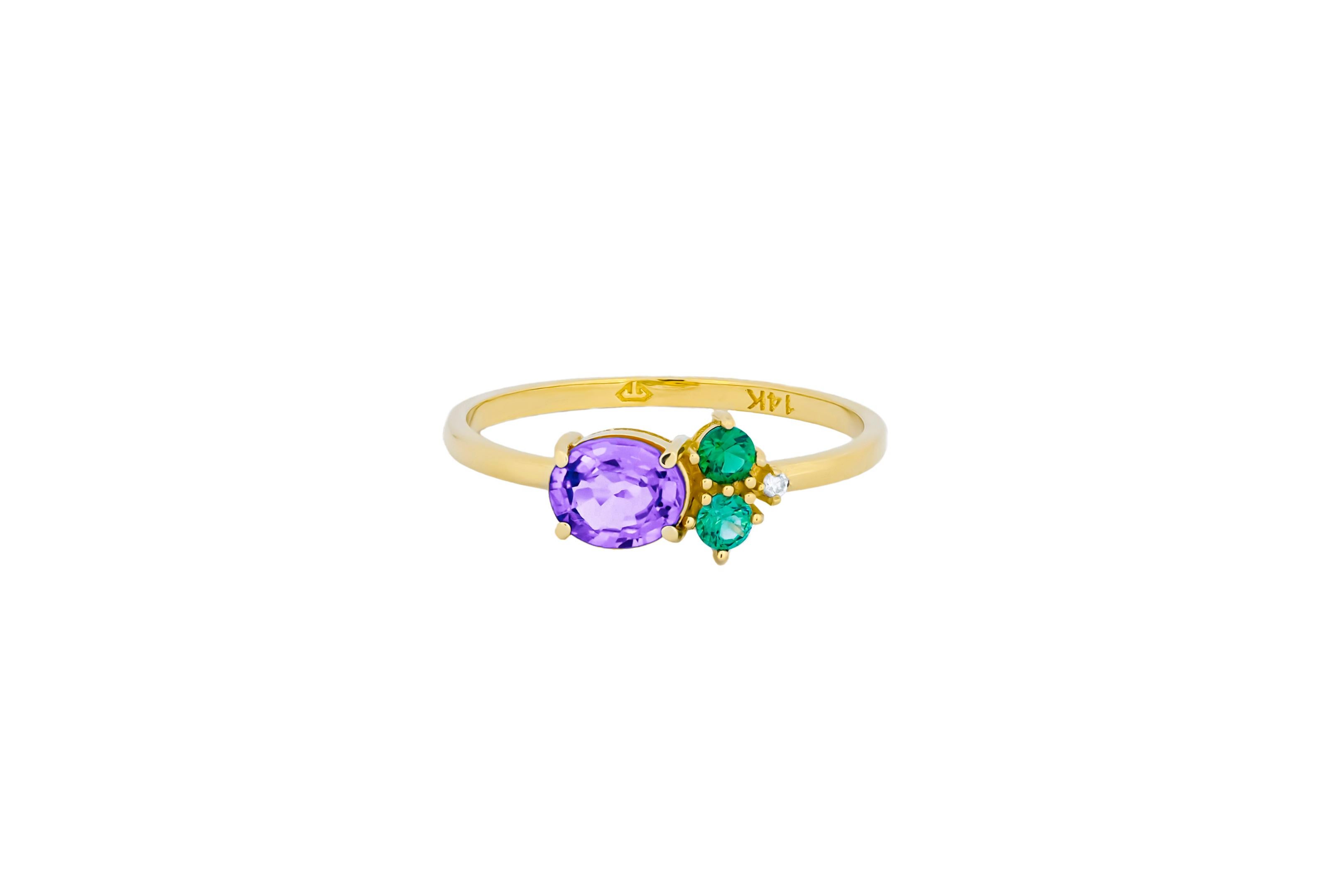 Women's Oval amethyst, tsavorite and diamonds 14k gold ring. For Sale