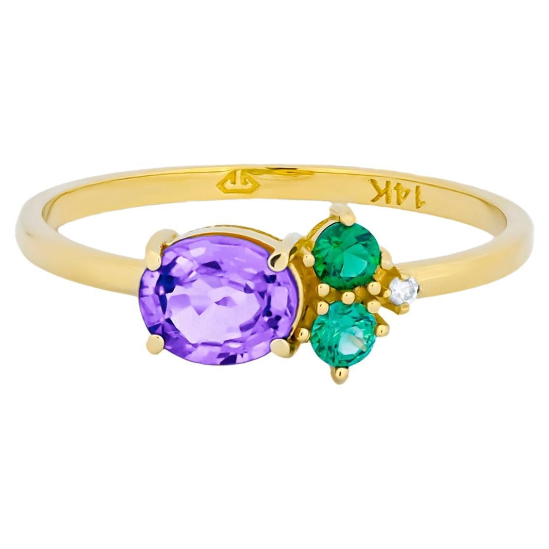 Oval amethyst, tsavorite and diamonds 14k gold ring. For Sale