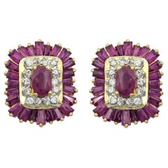 Oval and Baguette Cut Ruby & Diamond Squared Stud Earrings 18 Karat Yellow Gold