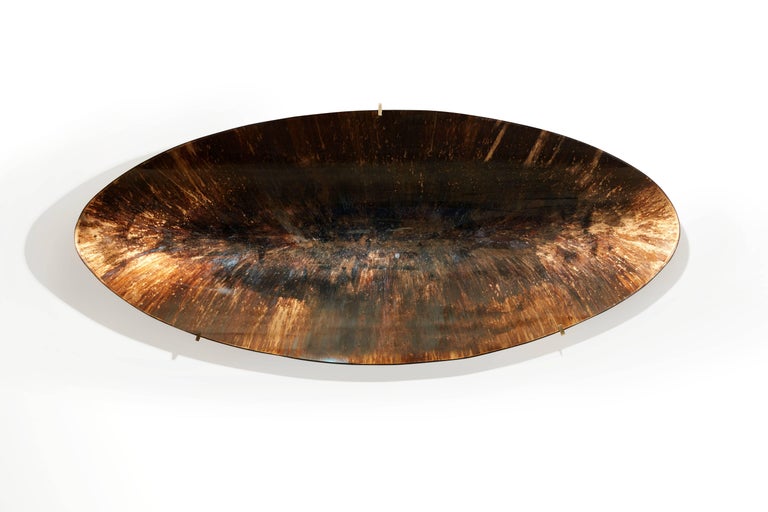 Oval and Concave Golden Oxidation Mirror by Christophe Gaignon For Sale 2