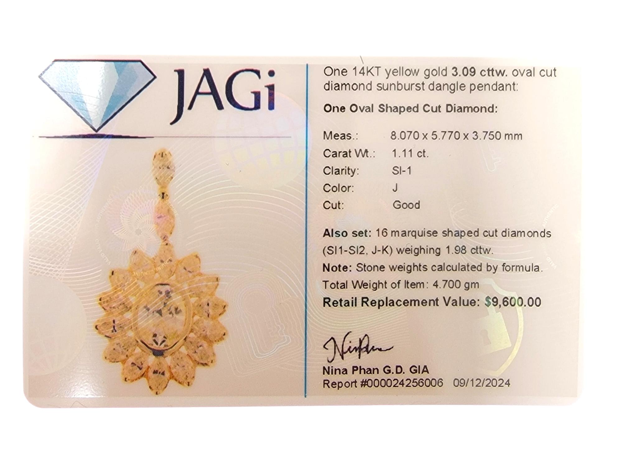 Pendentif en or jaune 14 carats avec diamant ovale et marquise en forme de soleil Pour femmes en vente