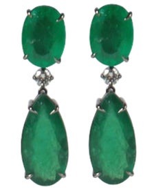 Oval And Pear Shape Emerald And Round White Diamond Drop Earrings / 18k Gold