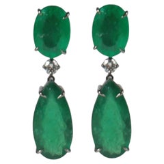 Oval And Pear Shape Emerald And Round White Diamond Drop Earrings / 18k Gold