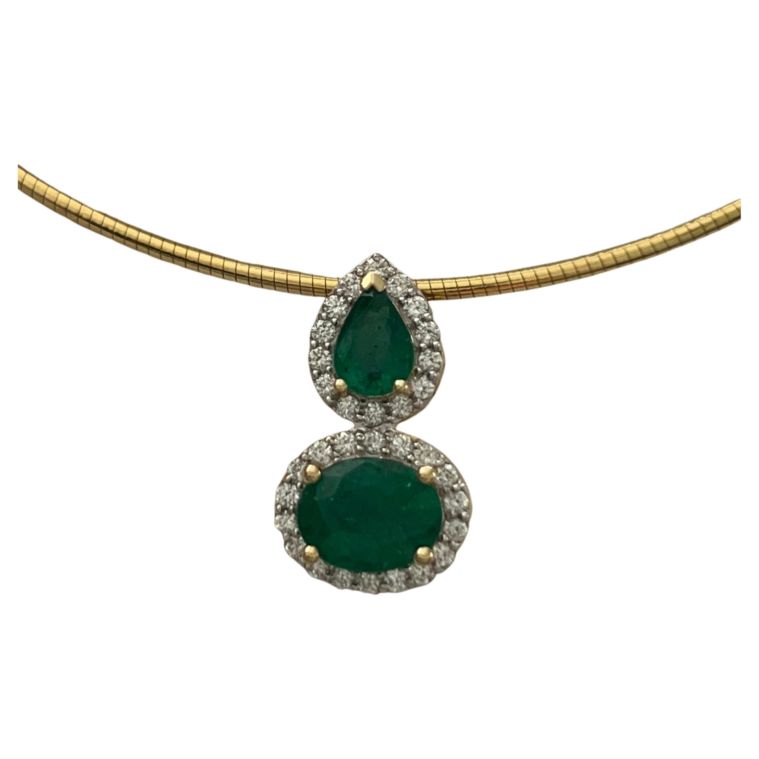 Oval and Pear Shape Emerald Pendant with Diamond Halo on Omega Chain For Sale