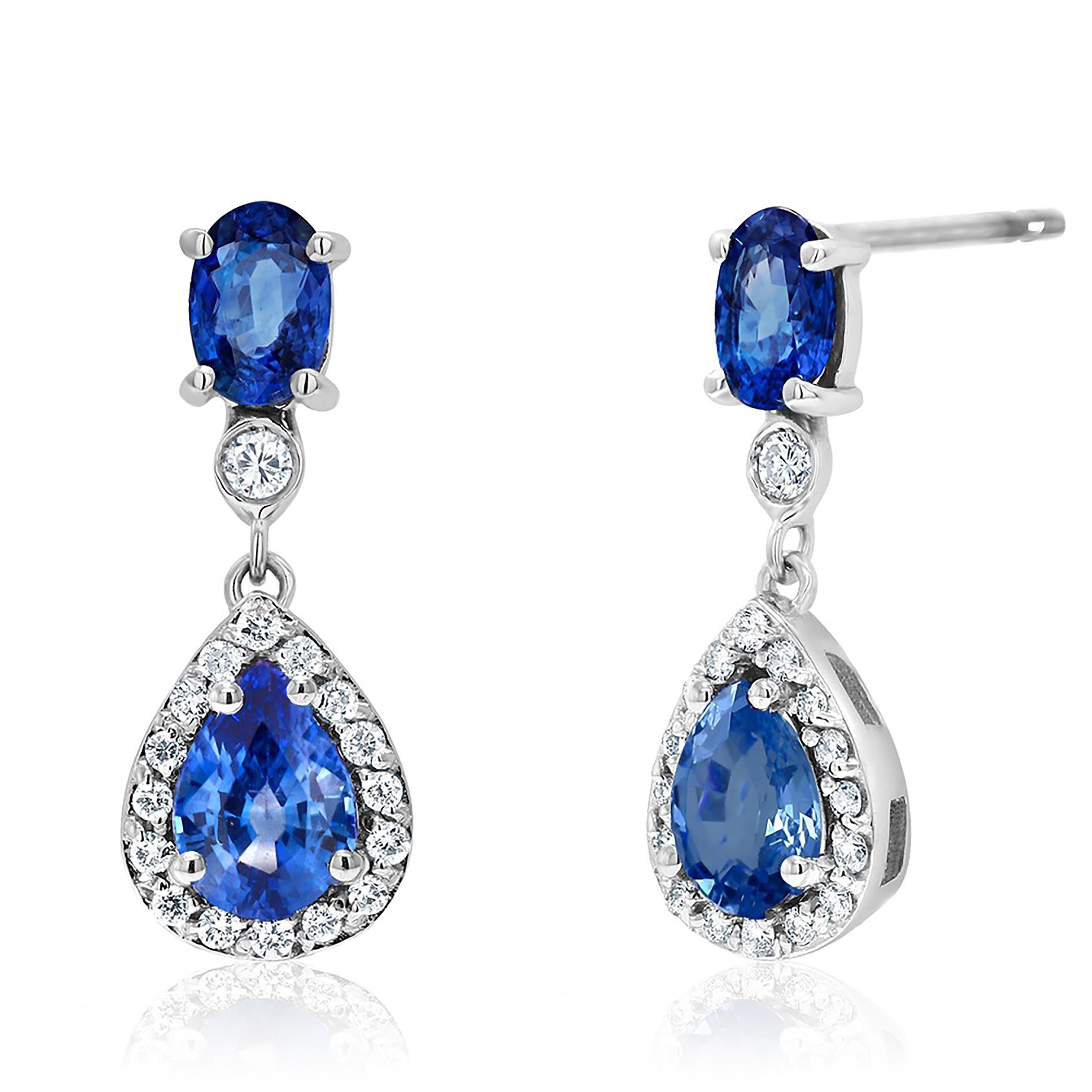 14 karat white gold drop earrings one-inch long
Diamonds weighing 0.50 carat 
Two Pear shape sapphires weighing 1.75 carat
Two oval sapphires weighing 1.20 carat
One of a kind earring
New Earrings
Handmade in the USA
The 14 karat gold earrings are