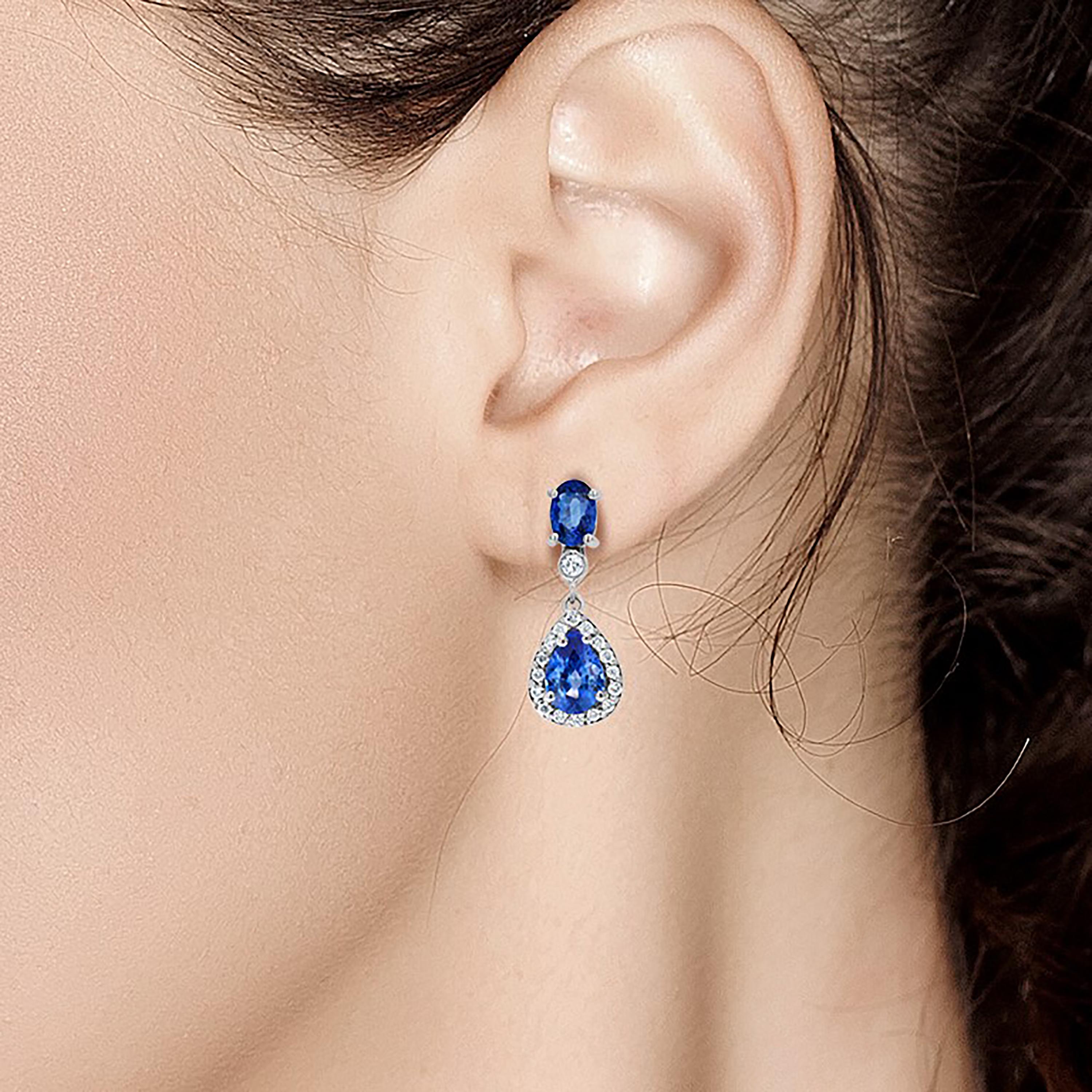 Contemporary Oval and Pear Shape Sapphire Diamond Drops Earrings