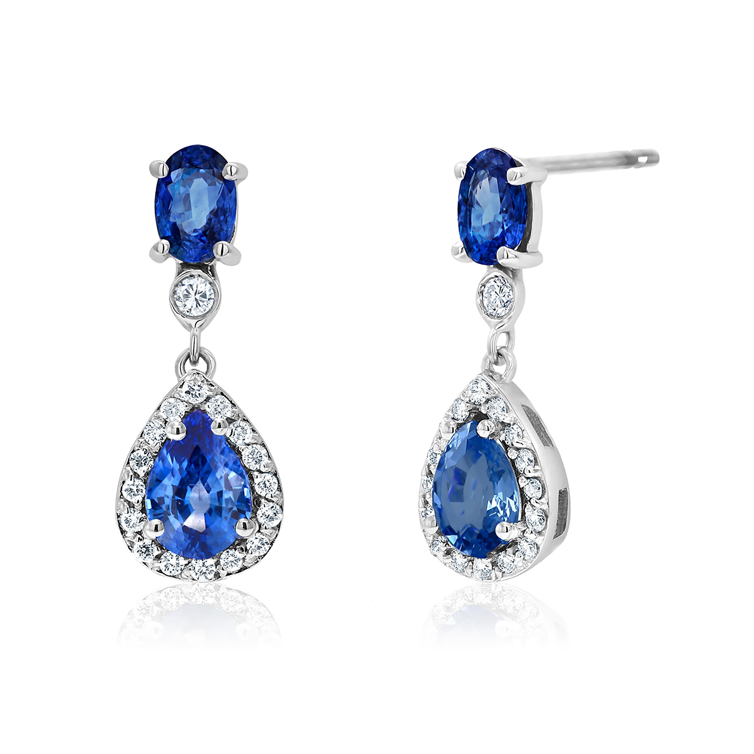 Women's Oval and Pear Shape Sapphire Diamond Drops Earrings