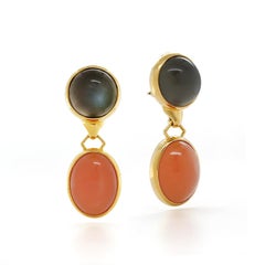 18K Yellow Gold Grey and Peach Moonstone Drop Earrings