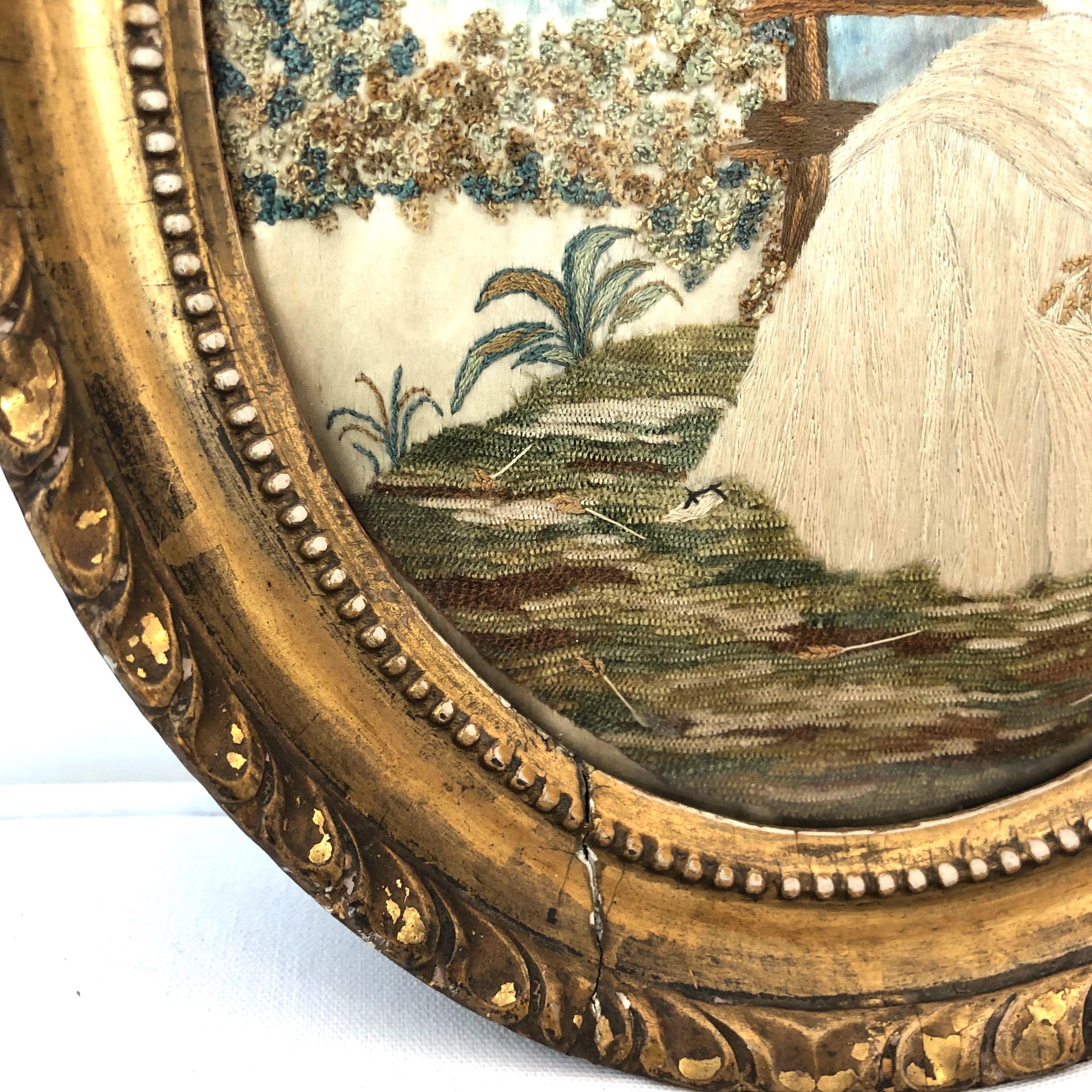 Embroidered Oval Antique Framed Silk Embroidery of Sitting Woman For Sale