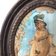 Oval Antique Framed Silk Embroidery of Woman in Teal Hat