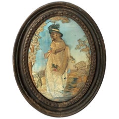 Oval Antique Framed Silk Embroidery of Woman in Teal Hat