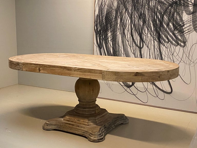 Elegant, oval dining table from France,
on a central foot with provides an easy sitting for the chairs.
The table dates from 1920 and is made of Pine Wood,
the table has some geometrical motives which gives the table extra character,
superb