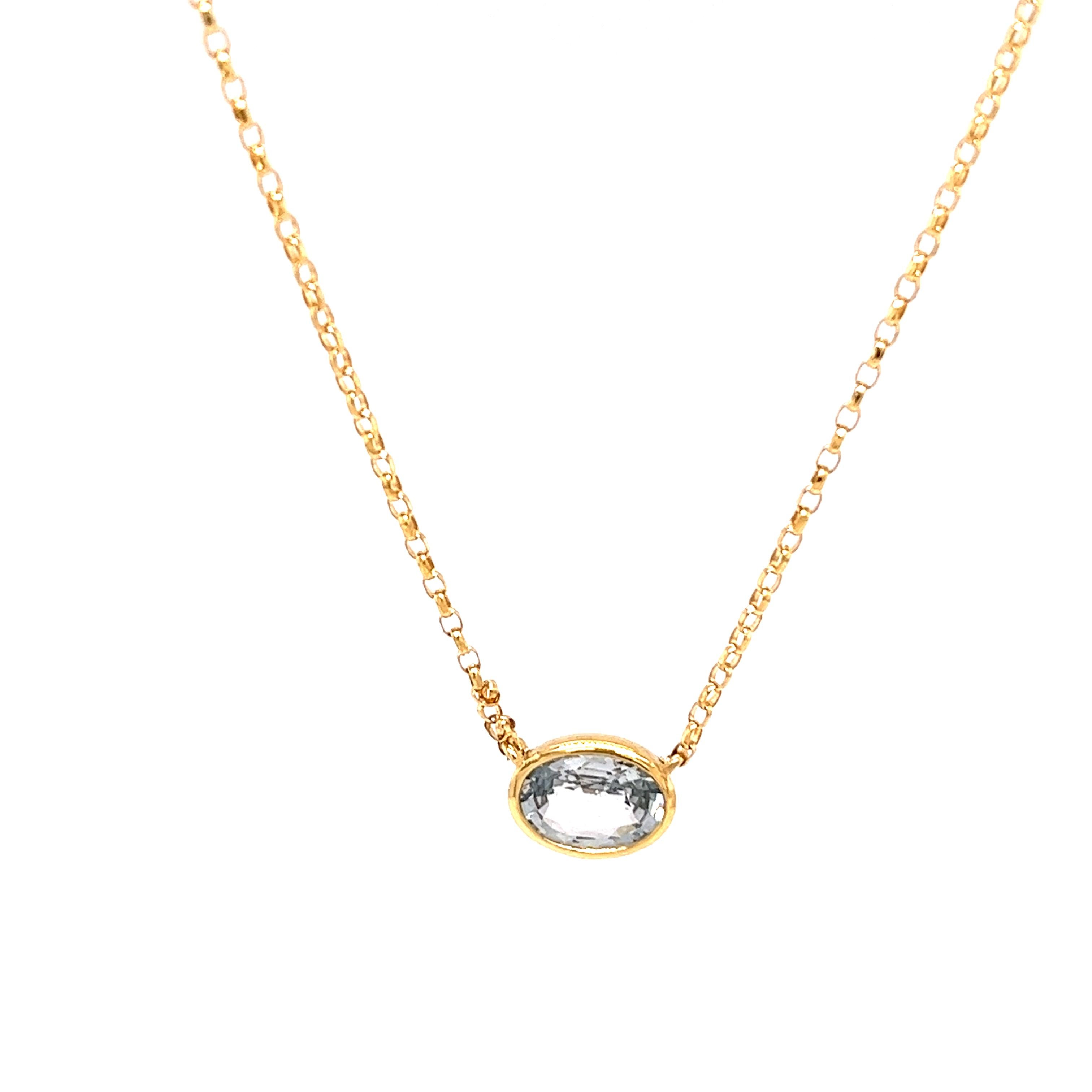 Women's Oval Aquamarine 0.75ct Pendant on 18ct Yellow Gold Chain For Sale