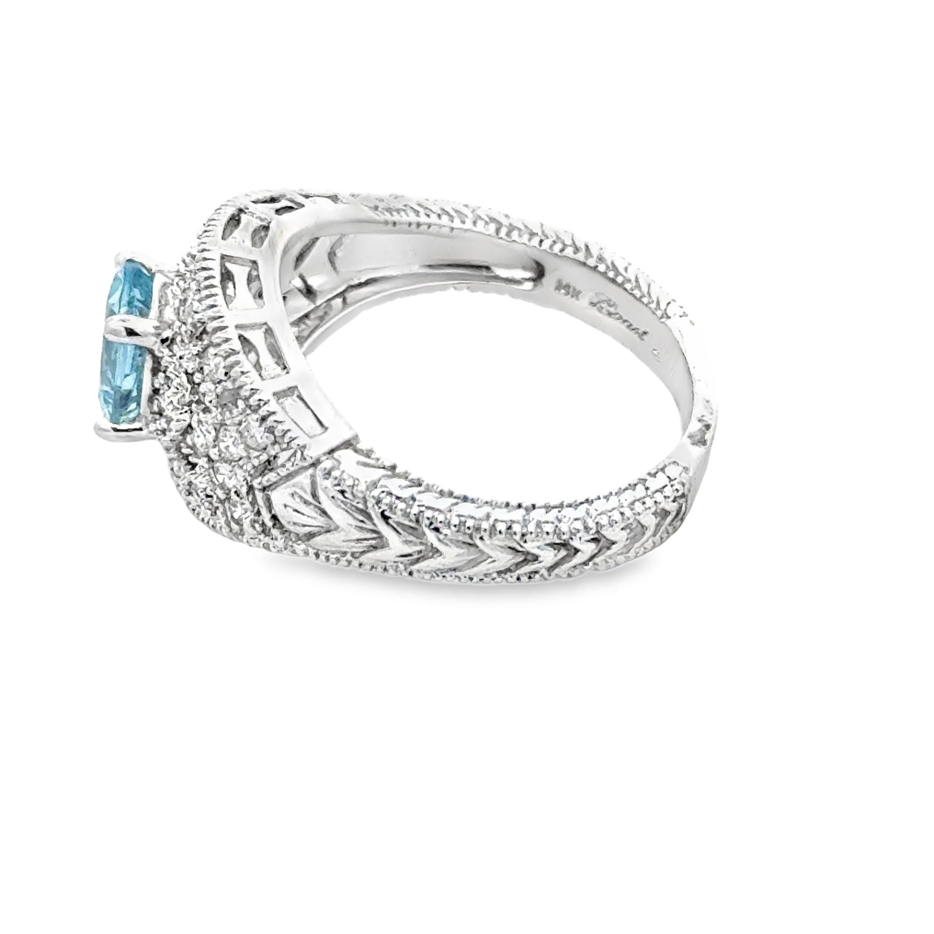 Ovaler Aquamarin und Diamant 14K Weißgold Nachlassring Damen im Angebot