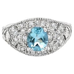 Ovaler Aquamarin und Diamant 14K Weißgold Nachlassring