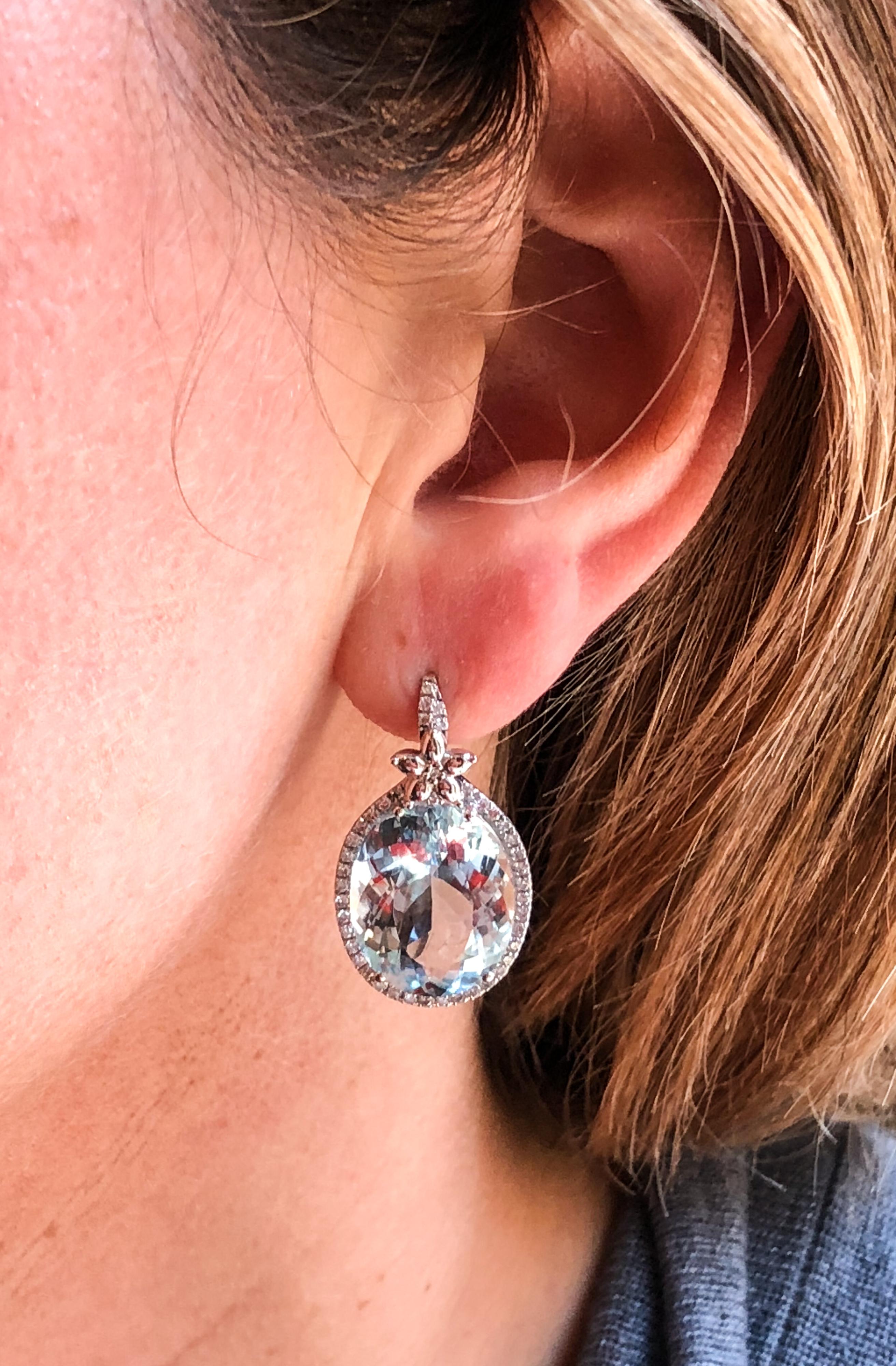 Modern Oval Aquamarine and Diamond Drop Earrings