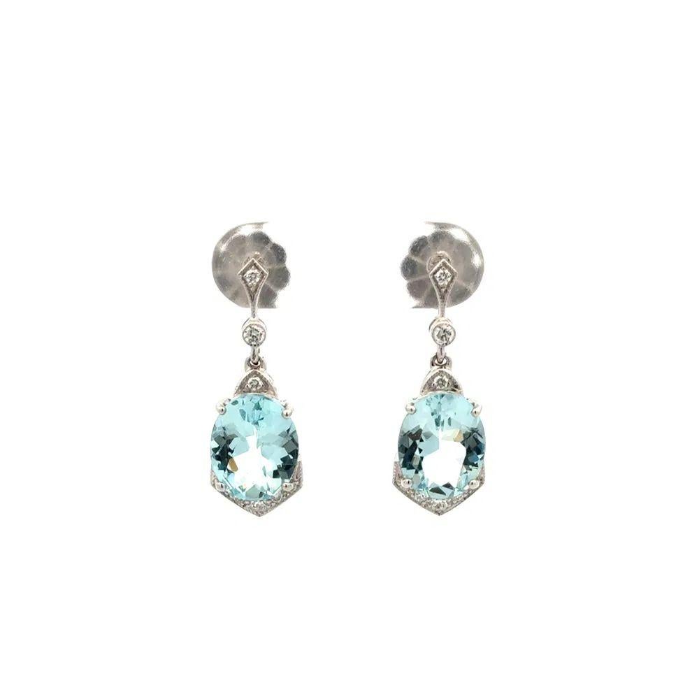 Oval Cut Oval Aquamarine and Diamond Gold Drop Vintage Earrings For Sale