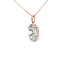 Oval Aquamarine and Diamond Pendant in 14K Rose Gold, 18 Inch