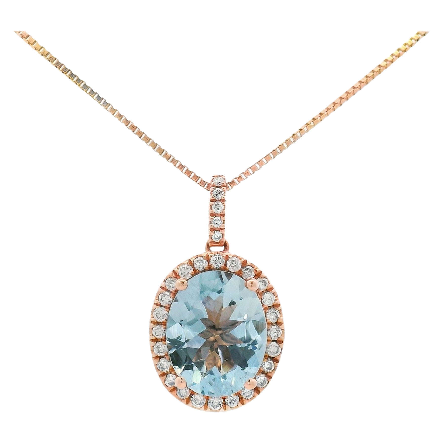 Oval Aquamarine and Diamond Pendant in 14K Rose Gold, 18 Inch