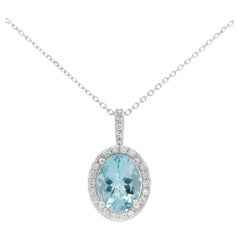 Oval Aquamarine and Diamond Pendant in 14K White Gold, 18 Inch