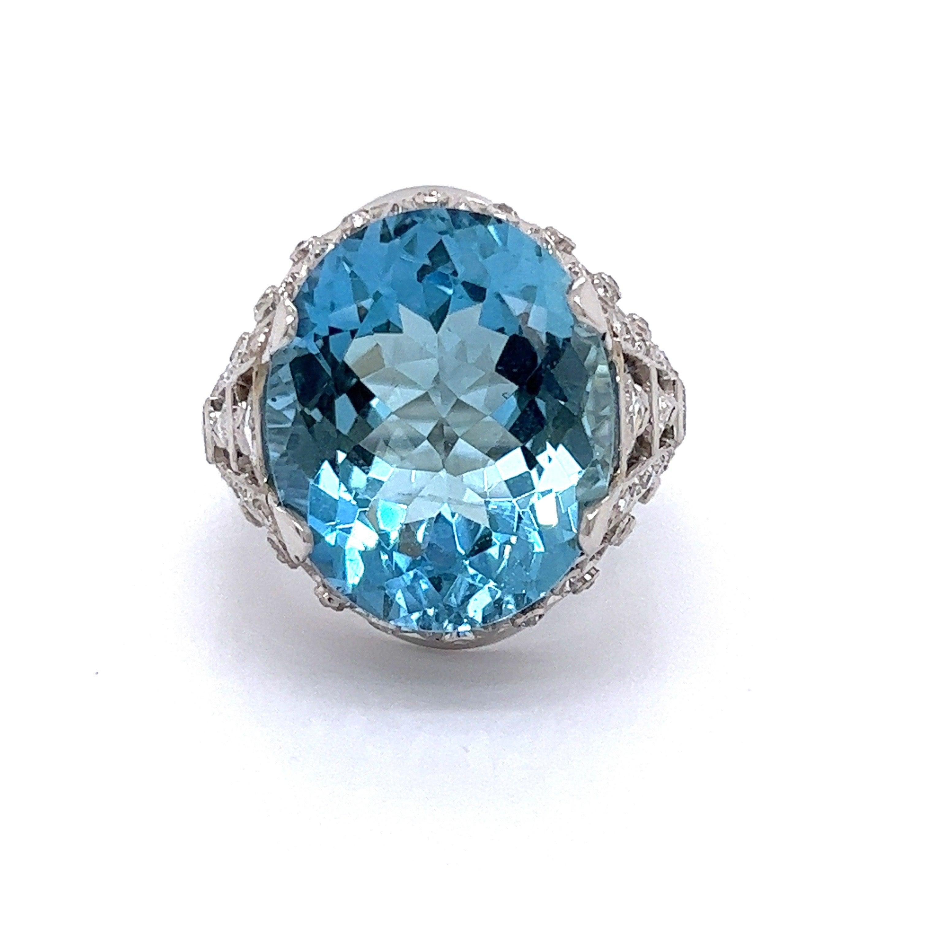 Estate Traditional Ring, 1 Oval Aquamarine 16.83ct, Round/Trillion Diamond 1.10 cttw I-J SI1, Platinum 17.41g

Jewelry Type : Ring
Jewelry Style : Traditional
Metal Type : Platinum 
Metal Weight : 17.41 grams
Ring Size : 7.50
Brand : Estate
Center