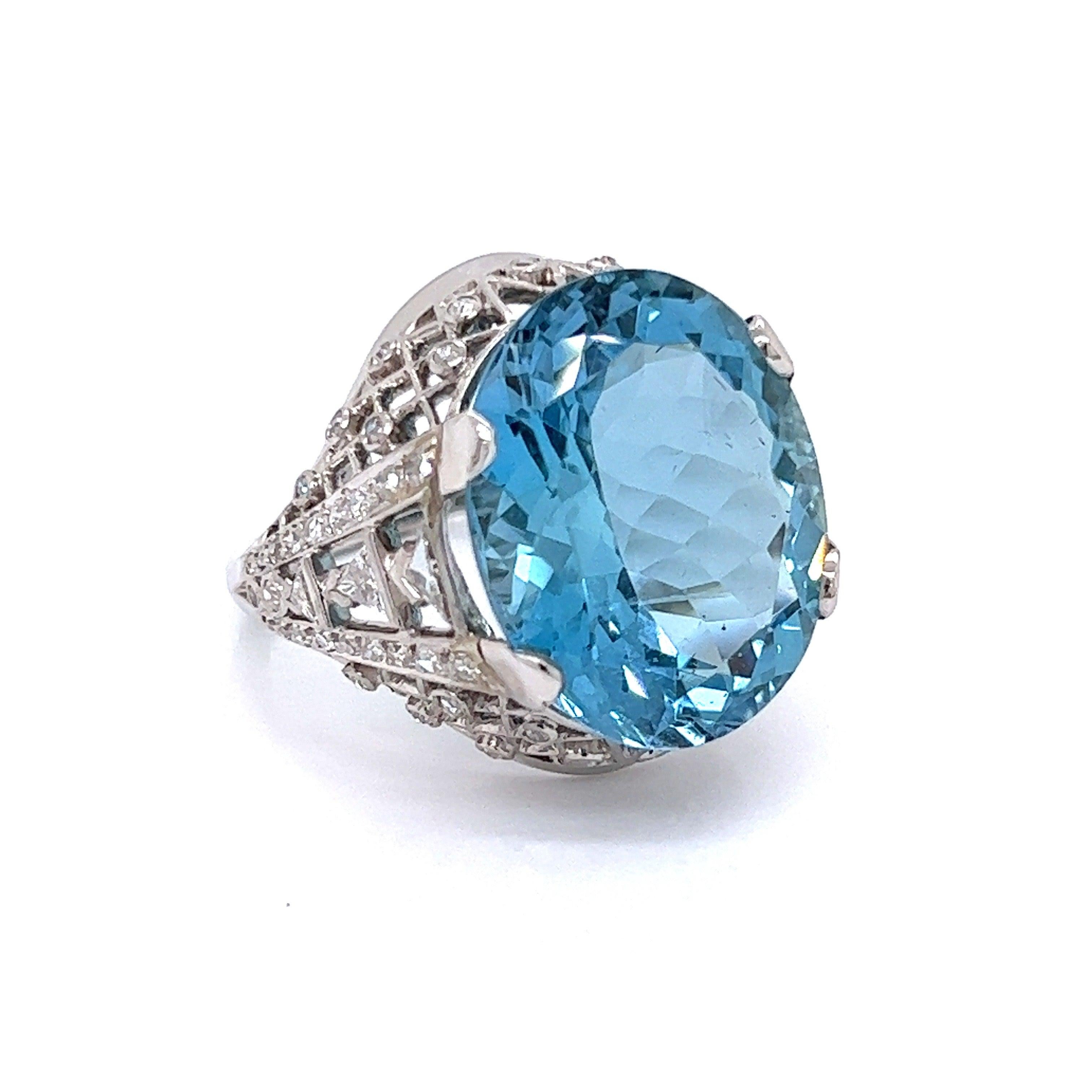 Oval Cut Oval Aquamarine and Diamond Platinum Ring For Sale