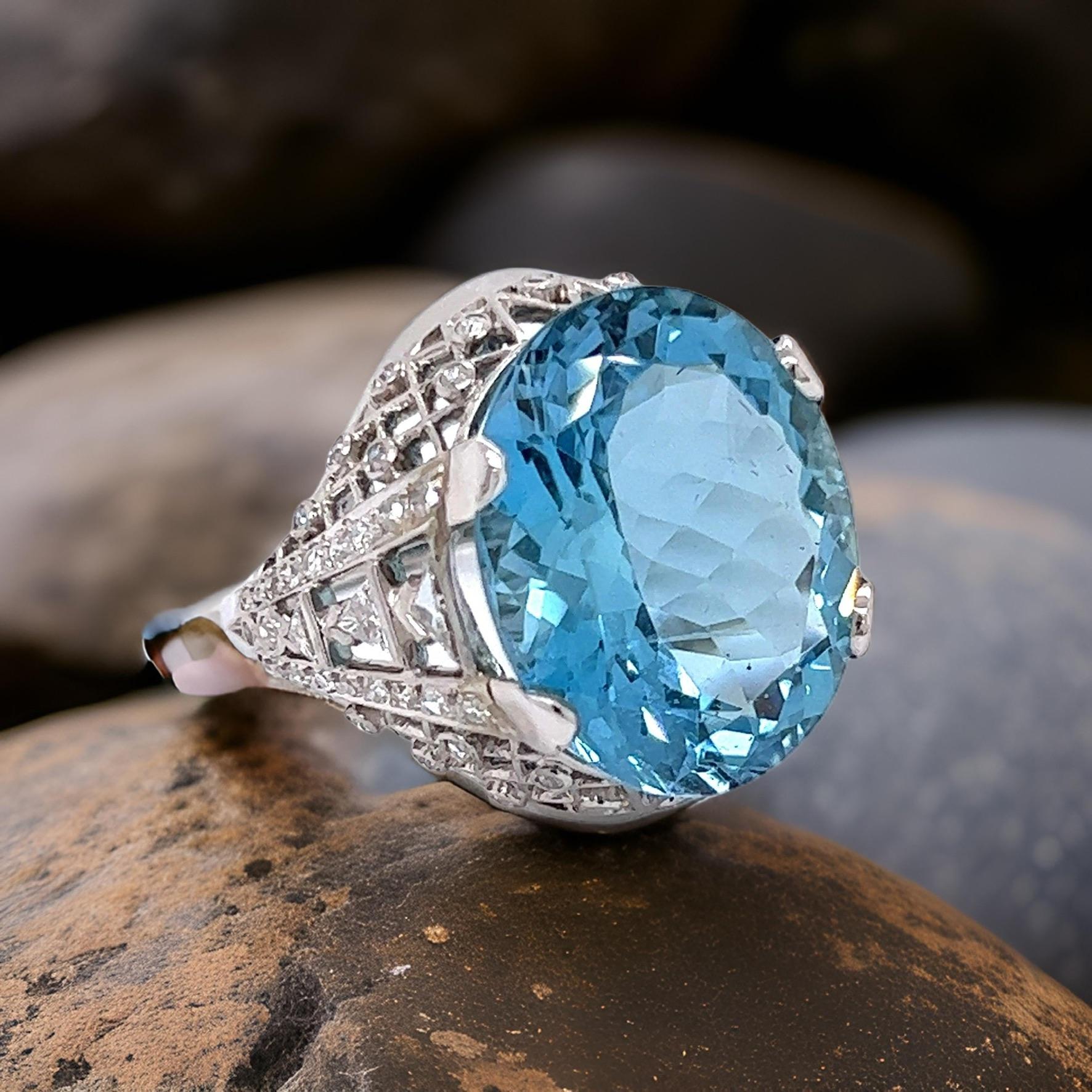 Women's Oval Aquamarine and Diamond Platinum Ring For Sale
