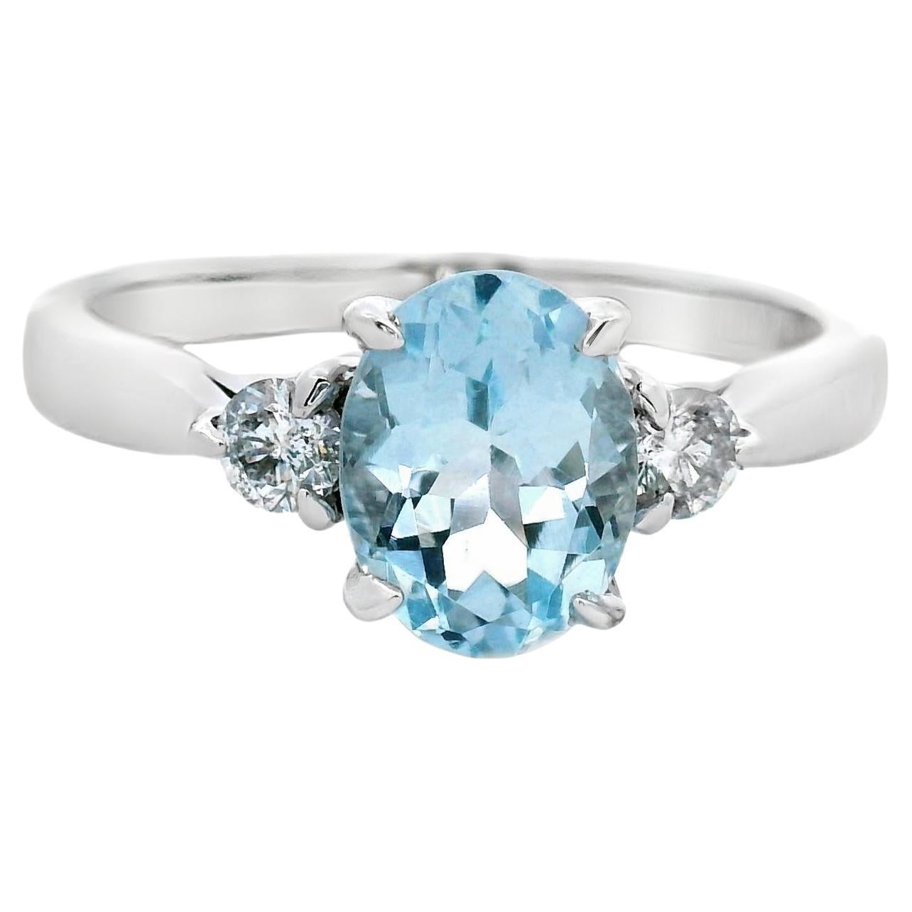 Bague aigue-marine ovale et diamant 1.05 carat en or blanc 14K Taille 7 en vente