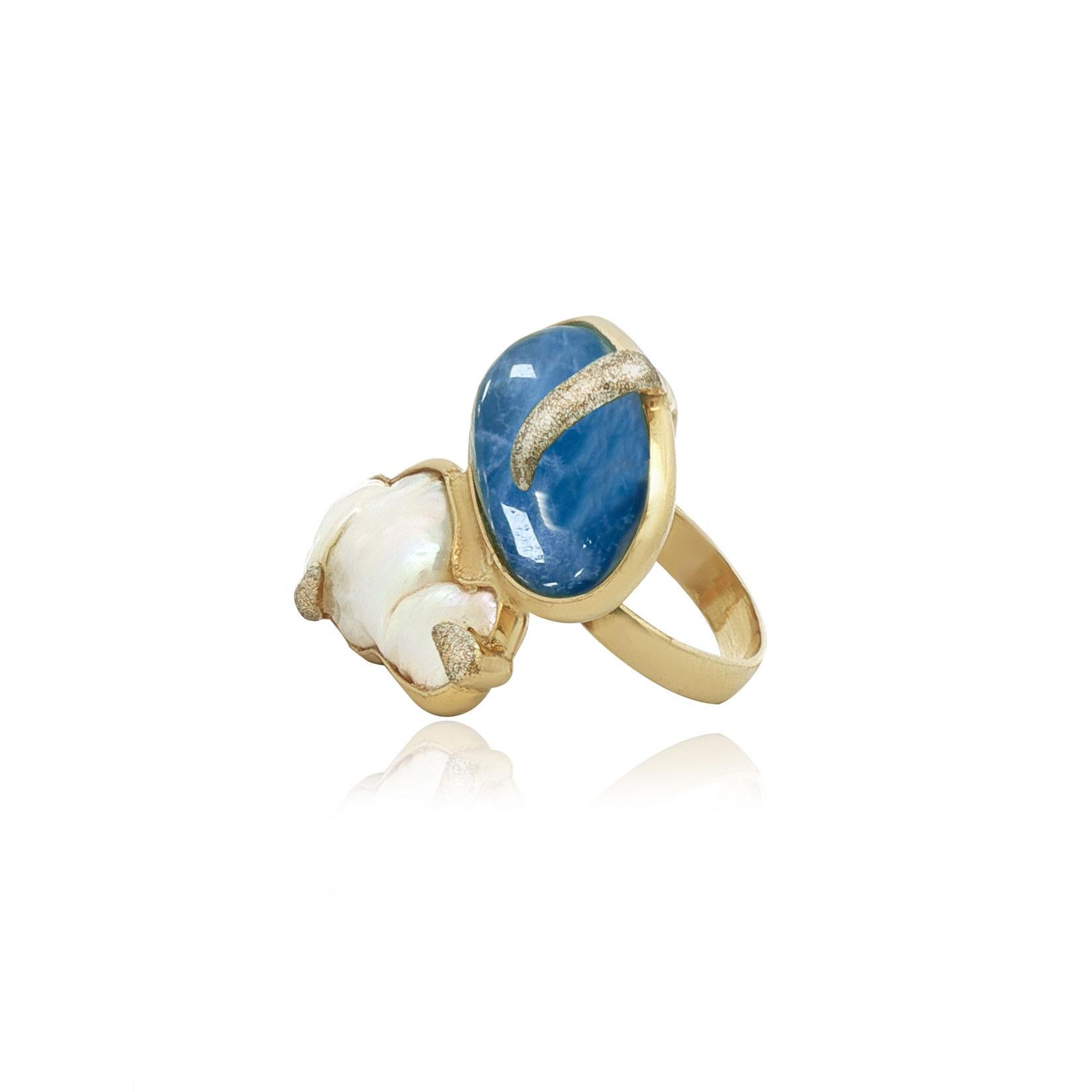 Taglio ovale Anello da cocktail ovale placcato oro con acquamarina e madreperla, con fascia regolabile in vendita
