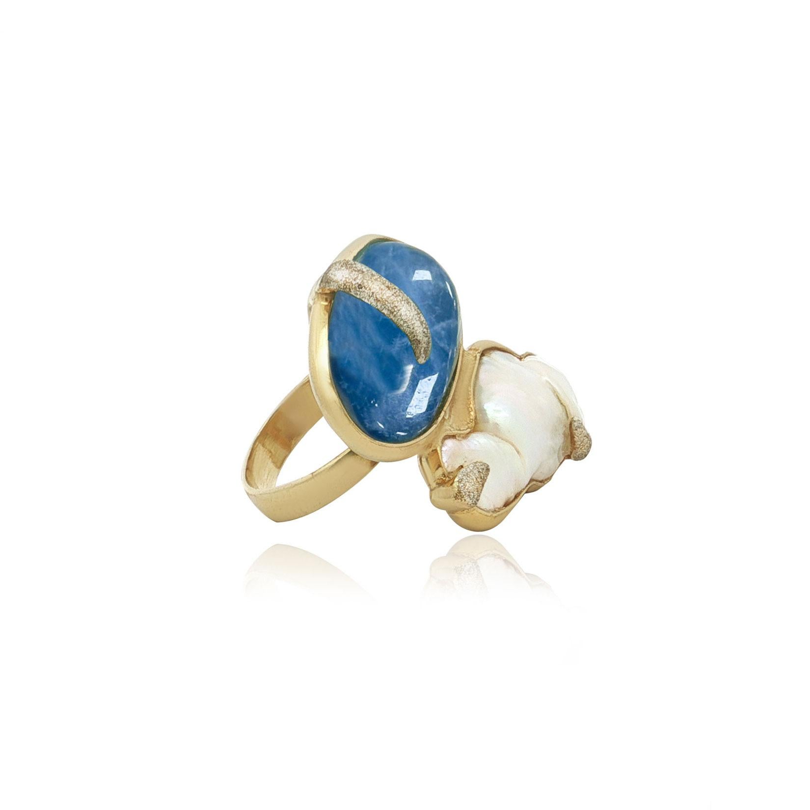 Anello da cocktail ovale placcato oro con acquamarina e madreperla, con fascia regolabile In condizioni Nuovo in vendita a GREAT NECK, NY
