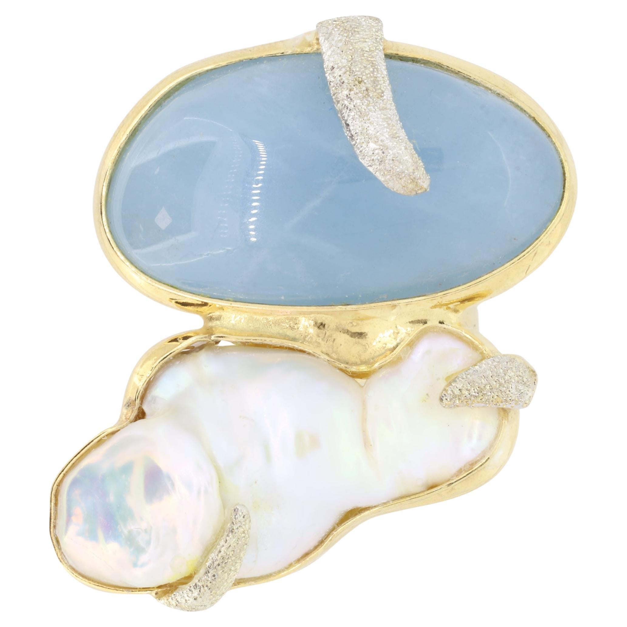 Anello da cocktail ovale placcato oro con acquamarina e madreperla, con fascia regolabile in vendita 1
