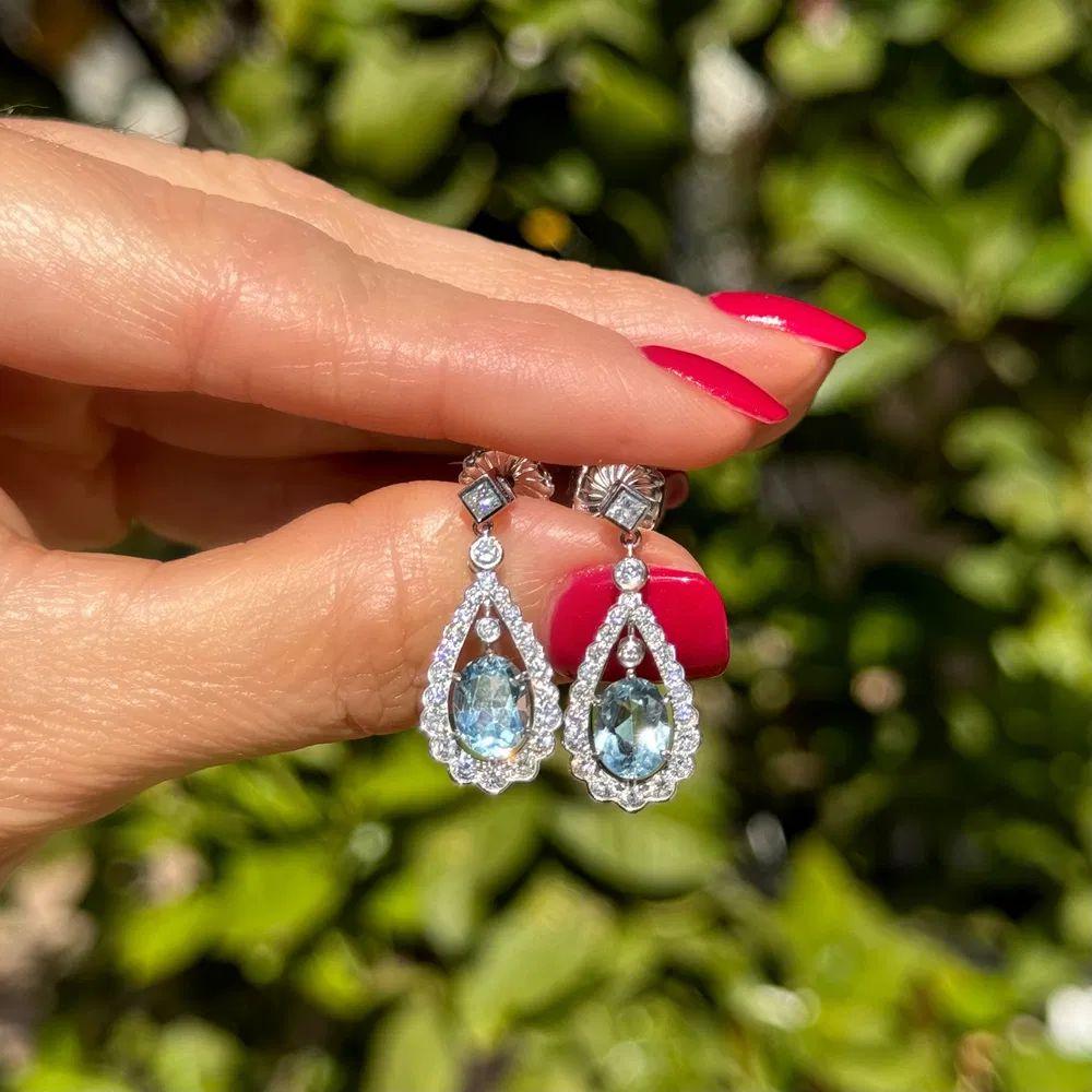 Modernist Oval Aquamarine and RBC Diamond Platinum Statement Drop Earrings For Sale
