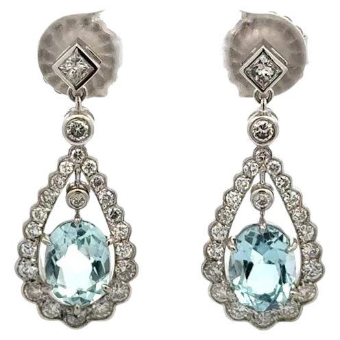 Oval Aquamarine and RBC Diamond Platinum Statement Drop Earrings